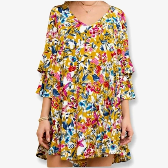 VICI ENTRO Tropical Vibe Cut Out Back Floral Print Tiered Sleeve Tunic Dress L - Picture 16 of 16